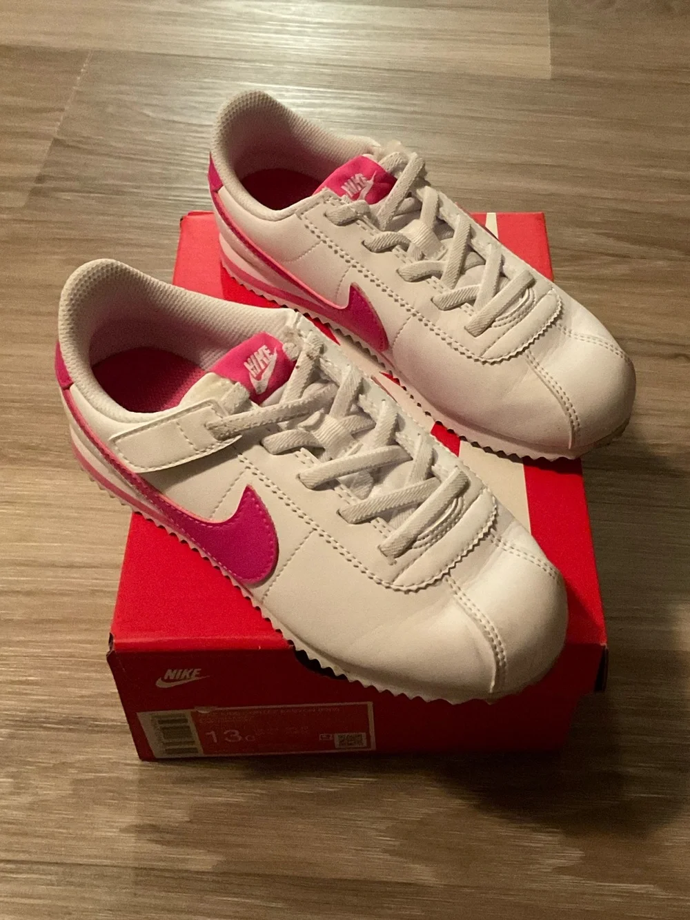 Nike Kids Cortez White Sneakers with Pink Swoosh